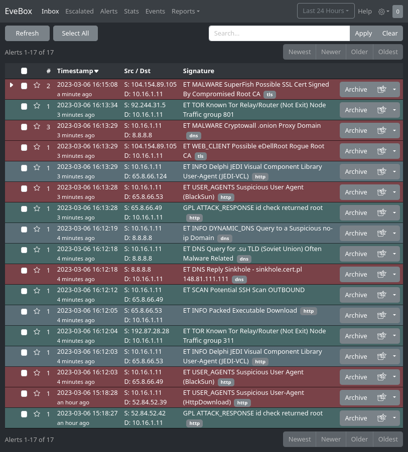 The EveBox inbox: a dark event table with severity-colored rows, timestamps, source and destination IPs, and Suricata signature names.